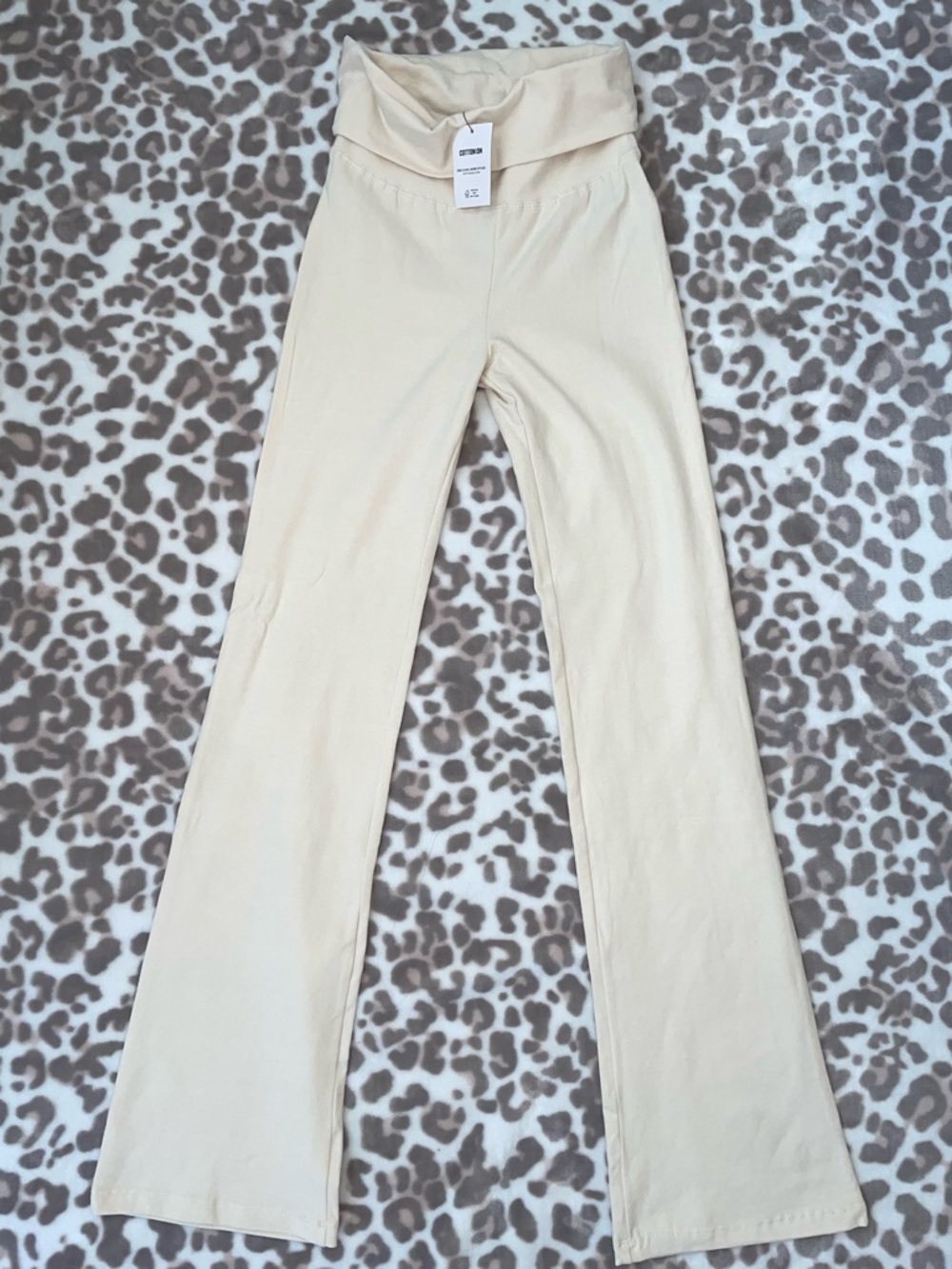 Cream Flare Leg Pants with Fold-Over Waist